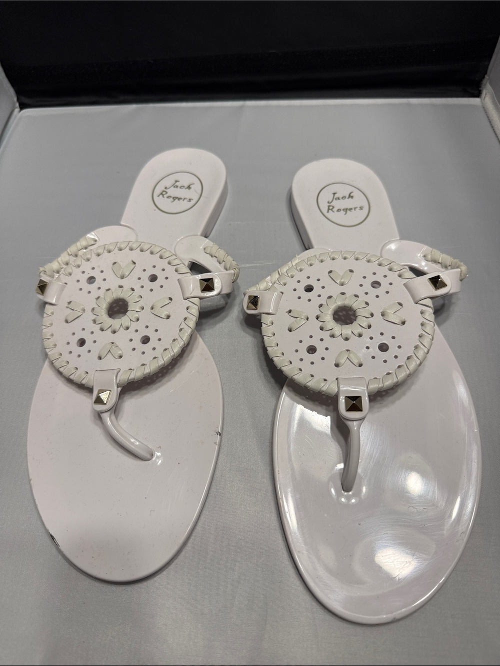 Jack Rogers White Patent Leather Miller Sandals with Stud Accents
